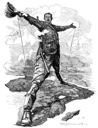 "The Rhodes Colossus" – a cartoon by Edward Linley Sambourne, published in Punch after Rhodes announced plans for a railway connection and telegraph line from Cape Town to Cairo in 1892