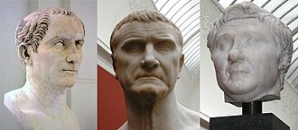 The First Triumvirate; left to right, Caesar, Crassus, and Pompey