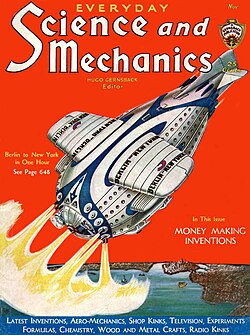 Science and Mechanics cover of November 1931, showing a proposed sub-orbital spaceship that would reach an altitude 700 miles (1,100 km) on its one-hour trip from Berlin to New York.