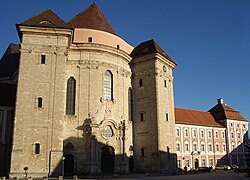 Abbey church with unfinished towers and southern wing of monastery
