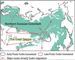 According to Uchiyama et al. 2020 the "ultimate Proto-Turkic homeland may have been located in a more compact area, most likely in Eastern Mongolia".[115]