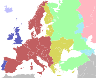 Time in Europe: Light Blue Western European Time / Greenwich Mean Time (UTC) Blue Western European Time / Greenwich Mean Time (UTC) Western European Summer Time / British Summer Time / Irish Standard Time (UTC+1) Red Central European Time (UTC+1) Central European Summer Time (UTC+2) Yellow Eastern European Time / Kaliningrad Time (UTC+2) Ochre Eastern European Time (UTC+2) Eastern European Summer Time (UTC+3) Green Moscow Time / Türkiye Time (UTC+3) Turquoise Armenia Time / Azerbaijan Time / Georgia Time / Samara Time (UTC+4) Pink Kazakhstan Time / Yekaterinburg Time (UTC+5) ▉▉▉▉ Pale hues: Standard time observed all year ▉▉▉ Dark hues: Daylight saving time
