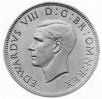 A left-facing portrait of Edward VIII on the obverse of a UK coin, which would have broken tradition if circulated