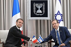 Macron with Israeli President Isaac Herzog in Jerusalem, Israel, 24 October 2023