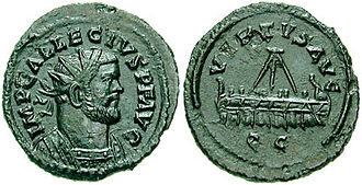 Ć quinarius of Allectus, Camulodunum (Colchester) mint. Obv.: IMP C ALLECTVS P F AVG, radiate, cuirassed bust right. Rev.: VIRTVS AVG, galley rowing left; QC in exergue.