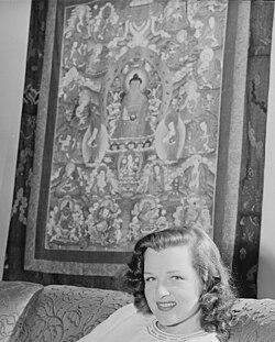 Jo Stafford with Tibetan buddhist thangka art from Tibet in 1946 New York City