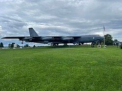 A static B-52G that resides at Griffiss International Airport (formerly Griffiss Air Force Base). Also pictured is an AGM-86 ALCM cruise missile.