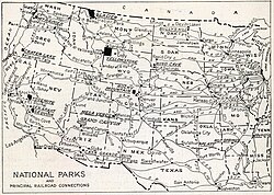 In 1916, a portfolio of nine major parks was published to generate interest. Printed on each brochure was a map showing the parks and principal railroad connections.