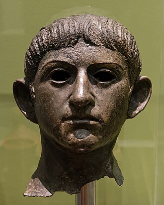 Bronze head of Claudius found in the River Alde at Rendham, near Saxmundham, Suffolk (British Museum), reputedly looted from the Temple of Claudius in Colonia Victricensis (now Colchester) during the Boudican revolt.[30]