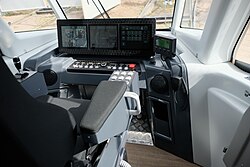 The driver's seat in the Russian "Lvionok" ("Lionet") tram