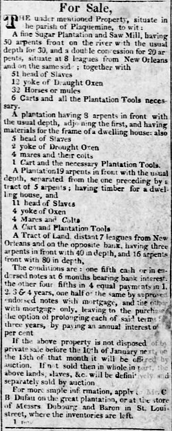 For sale: 51 head of slaves, 12 yoke of draught oxen, 32 horses or mules; 5 head of slaves, 2 yoke of draught oxen; 11 head of slaves, 4 yoke of oxen—in early America, slaves were treated legally and socially as if they were farm animals (Louisiana State Gazette, New Orleans, November 1, 1819)