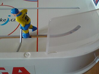 A plastic glass, which helps to keep the puck in play. It is attached to the table behind the goal.