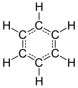 A 2-D structural formula of a benzene molecule (C6H6)