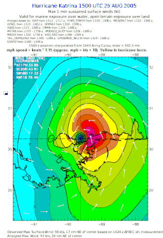 Windspeed of Hurricane Katrina at 10 a.m., showing hurricane-force winds (yellow/brown) still hitting the north–southeast shores of Lake Pontchartrain (4 hours after landfall)