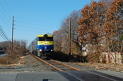 A train on the Long Island Rail Road's single-tracked Central Branch