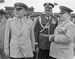 Zhukov (right) with Polish Minister of Defense Konstantin Rokossovsky (center) and Ivan Konev in Warsaw, 1955