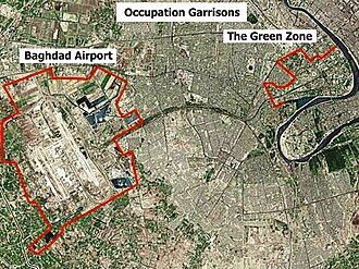 Aerial view of the Green Zone, Baghdad International Airport, and the contiguous Victory Base Complex in Baghdad