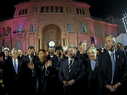 South American presidents in front of the Casa Rosada, Buenos Aires, during the bicentenary of the May Revolution.