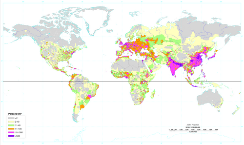 Population density (people per square kilometre) map of the world in 1994. In relation to the equator it is seen that the vast majority of human population lives in the Northern Hemisphere, where 67% of Earth's land area is.