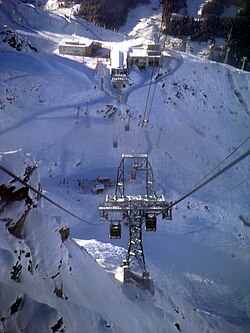 The funitel at Verbier, Switzerland. An evacuation line runs above the funitel