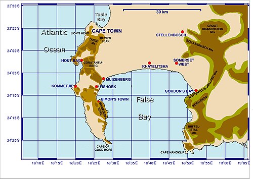 Map showing the Cape Peninsula, illustrating the position of the Cape of Good Hope. The main mountains and their peaks, including Table Mountain, and its relation to the City of Cape Town are shown.