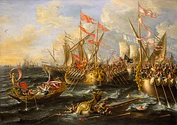 The Battle of Actium, by Laureys a Castro (1672); oil painting in National Maritime Museum of Greenwich, London (Director's Office)