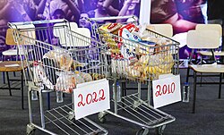 Inflation is illustrated by the contrast between what R$100 could buy in 2010 and in 2022, observed by Lula during a meeting with women in Brasilândia.