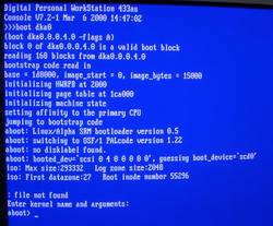 A screenshot of SRM loading aboot (a Linux bootloader)