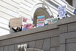 Criticism of Facebook during the Hands Off protests in Minneapolis on April 5, 2025