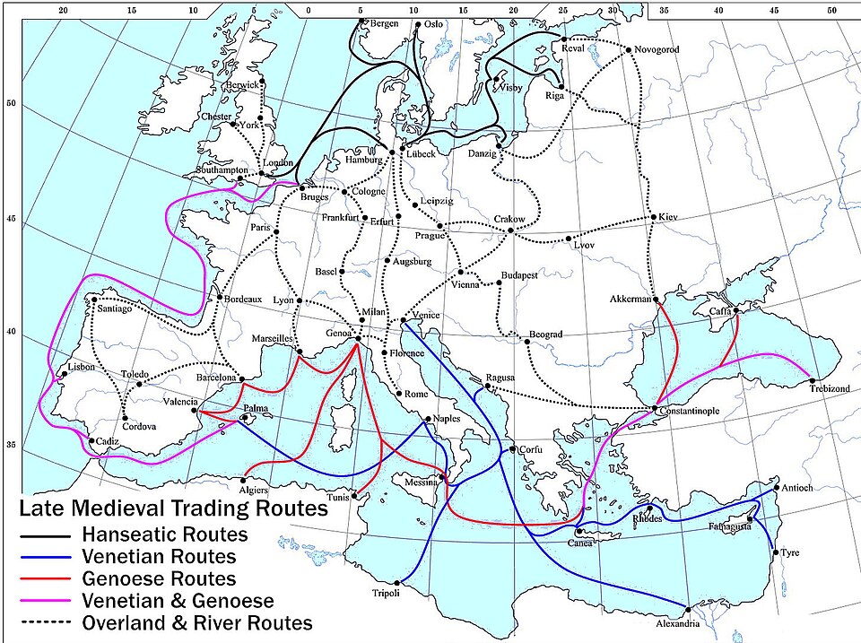 A map showing the main trade routes for goods within late-medieval Europe