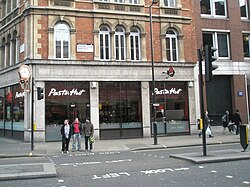 A branch of Pizza Hut rebranded as "Pasta Hut" on Charing Cross Road, London, in 2009