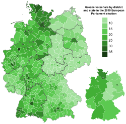 A map showing the percentage of votes won by the Greens by district and state in the 2019 European Parliament election. Darker shades indicate a higher vote share.