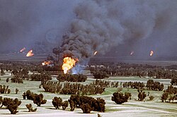 Oil fires in Kuwait in 1990, which were a result of the scorched earth policy of Iraqi military forces retreating from Kuwait.