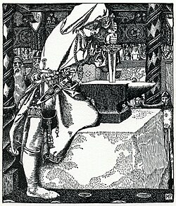 The story of Arthur drawing the sword from a stone appeared in Robert de Boron's 13th-century Merlin. By Howard Pyle (1903)[99]