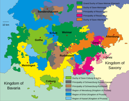 The Thuringian states and their capitals until 1918Free states 1918-1920; united as Thuringia since 1920 Ernestine duchies (Ernestines → House of Wettin) Duchy of Saxe-Coburg and Gotha (Gotha, Coburg) Reussian principalities (House of Reuss → Vögte (advocates) of Weida, Gera and Plauen) United as People's State of Reuss (Gera) 1919-1920 Schwarzburgian principalities (House of Schwarzburg) Surrounding states and their capitals Kingdom of Prussia, Province of Saxony, Region of Merseburg (Merseburg) Not in the German Empire