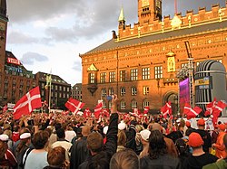 Crowd watching the Denmark–Sweden Euro 2004 match at the Copenhagen City Hall Square
