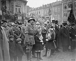 Lieutenant General Charles Kavanagh watching the 2nd Cavalry Brigade passing through Spa, Belgium, 29 November 1918.