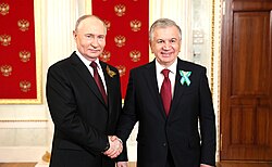 President Shavkat Mirziyoyev with Russian president Vladimir Putin before the Moscow Victory Day Parade in Moscow on 9 May 2024