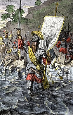 Vasco Núñez de Balboa and spanish conquistadors claiming the Pacific Ocean for Spain in 1513.