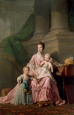 George (left; unbreeched at two years) with his mother, Queen Charlotte, and younger brother, Frederick. Portrait by Allan Ramsay, 1764