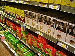 Shelves in a Swedish grocery store showing both private label and international brands