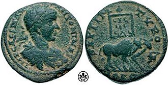 Two bulls, symbol of the III Gallica, bearing the legion standard LEG III GAL. Coin of Elagabalus, who became emperor with the decisive support of this legion.