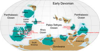 World map at 400 Ma (Early Devonian), showing continents and terranes with modern continent borders superimposed