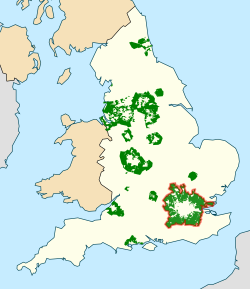 Green belts in England, with Metropolitan Green Belt outlined in red