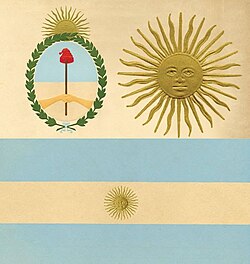 The official Argentine coat of arms, Sun of May and flag as reglamented in the Decree 10302/44 of 1944.