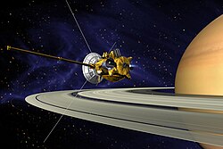 An artistic illustration of the Cassini space probe performing its Saturn Orbit Insertion maneuver near Saturn's rings⁠