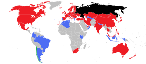 Map of the world with current members of the IIHF. (Red indicates full members, blue indicates associate members, green indicates affiliate members and black indicates suspended members.)