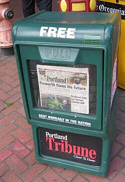 Tribune newspaper box, in use 2001–2023