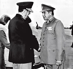 Perón greeting Augusto Pinochet at Morón Airbase on 14 May 1974.