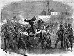 The death of Colonel John Finnis on the parade ground at Meerut. Finnis was the first European officer to be killed in the Mutiny.